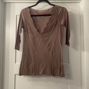 Anthropologie brown top with lace trim